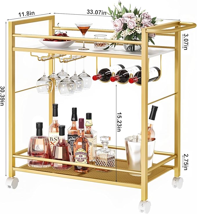Bar Cart,Home Bar Serving Cart with Storage Shelves, 2 Tier Rolling Beverage Cart with Wheels, Modern Wine Cart with Wine Rack and Glass Holder for Kitchen, Living Room,Dinning Room,Gold