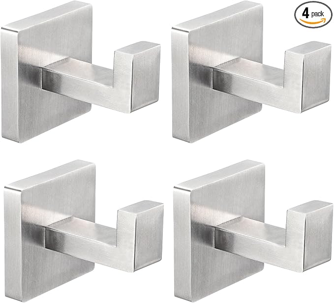 IBosins 4 Pack Towel Hooks Hand Towel Holder for Bathroom Wall Livingroom Bedroom Kitchen Closet Heavy Duty Stainless Steel Hook Hanger for Robe, Bath Towel, Coat (Square Brushed Silver)