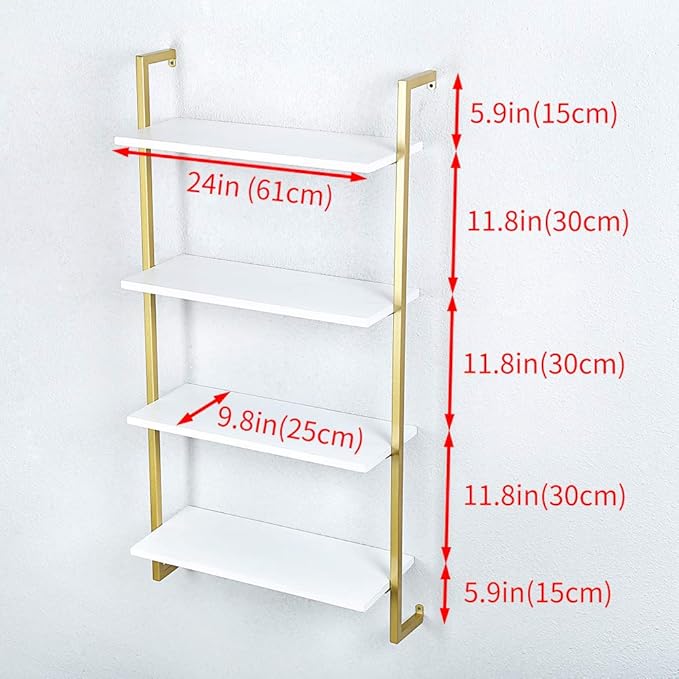 Industrial Metal Wall Shelf,Floating Wood Shelves Wall Mounted,24in Iron Real Wood Book Shelves,4 Tier Bookshelf Shelving