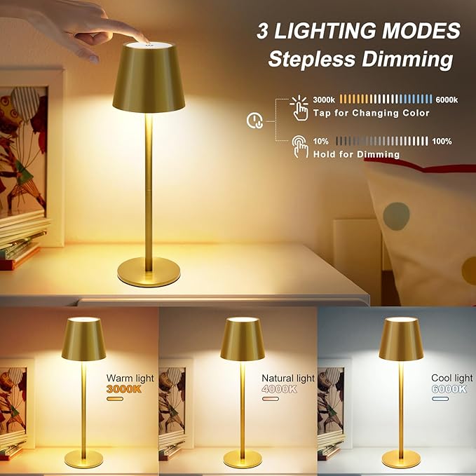 Gold Cordless Table Lamp Set of 2 - 8-20 Inches Adjustable Height, 5000mAh Rechargeable Battery LED Desk Lamp, 3 Color Stepless Dimmable, Portable Waterproof Metal Table Light for Indoor/Outdoor