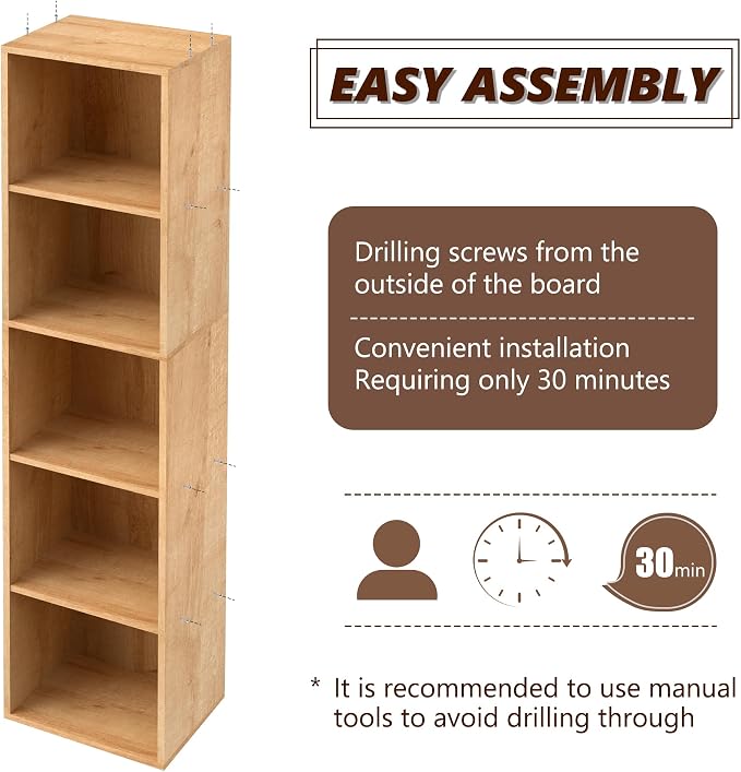 5-Tier Wooden Cube Storage Organizer, 52 Inch Tall Bookcase & Display Shelf with 5 Open Cubes, Freestanding DIY Closet Shelving Unit for Living Room Bedroom Office (Oak, 5 Cube-W(11.8inch)