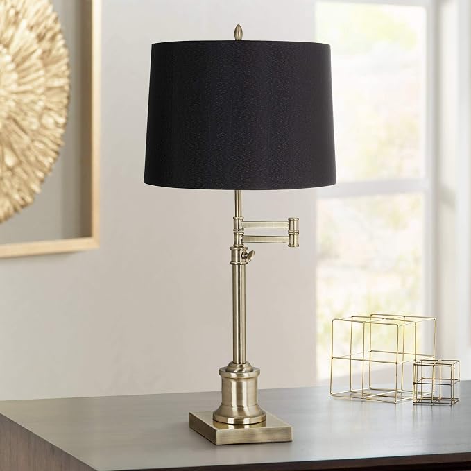 360 Lighting Westbury Traditional Swing Arm Desk Table Lamp Adjustable 36" Tall Antique Brass Black Hardback Drum Shade for Living Room Bedroom House Bedside Nightstand Home Office Reading