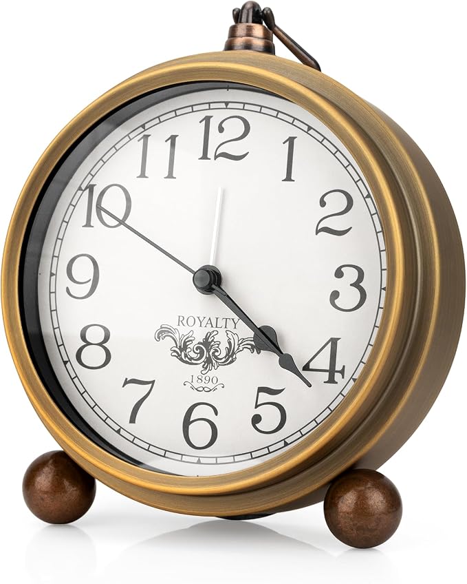 Maxspace Metal Golden Table Clock, Retro Vintage Non-Ticking Small Alarm Clock,Battery Operated Silent Quartz Movement HD Glass Desk Clock for Bedroom Living Room Indoor Decoration Kids… (Arabic2)