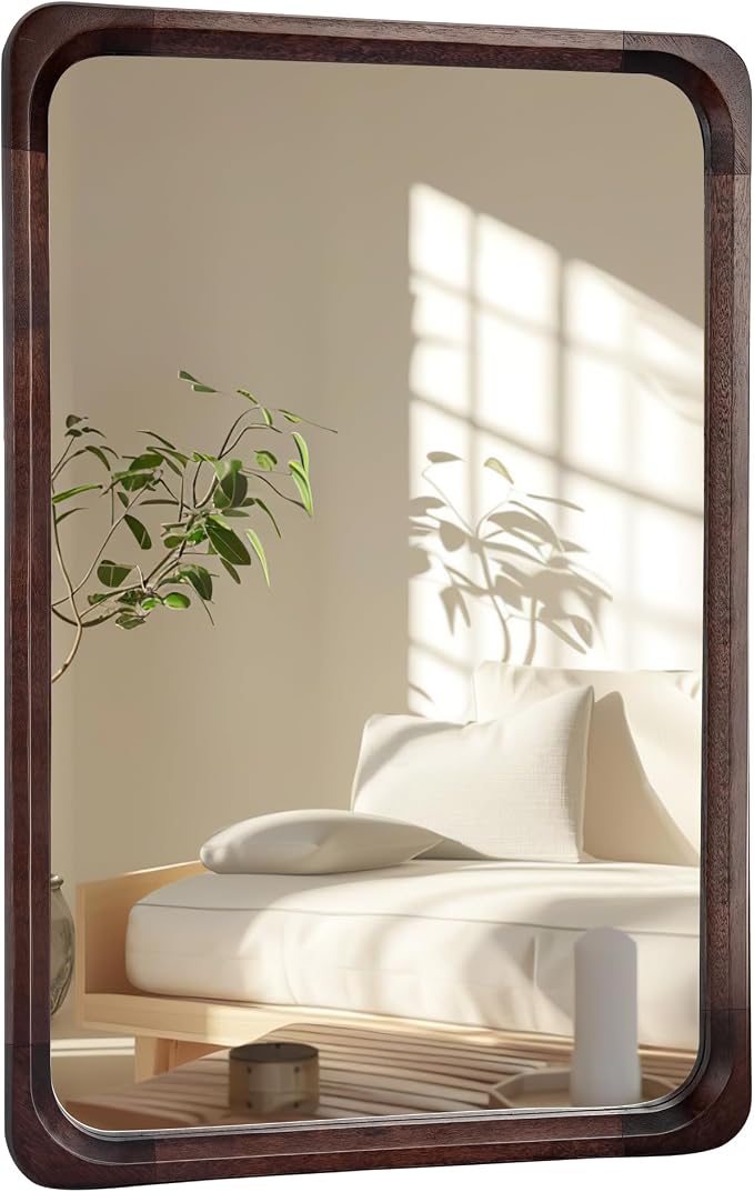 Tanmicoshomy Wood Bathroom Mirror 20 x 30 Inch, Solid Wood Framed Rectangle Mirrors with Tempered Glass for Living Room Bedroom or Entryway(Dark Brown)
