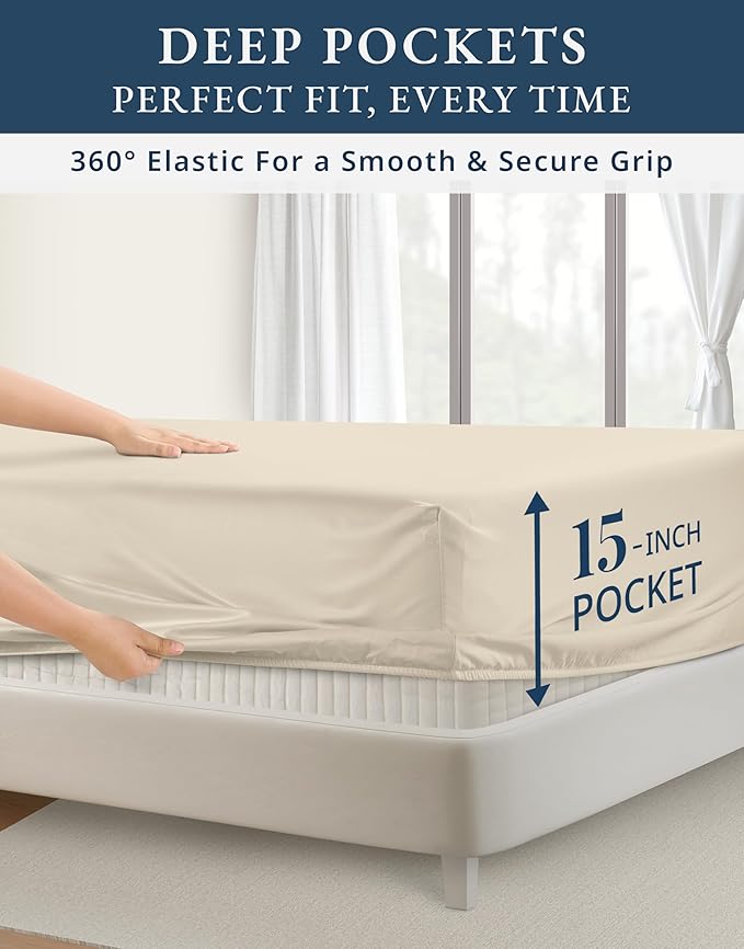 LANE LINEN 100% Egyptian Cotton Queen Sheet Set, Soft & Comfy Hotel Like Thick Fully Elasticized Mercerized Cotton Queen Size Set, No Pill Fade Resistant Queen Sheets, 15" Deep Pocket - Summer Sand