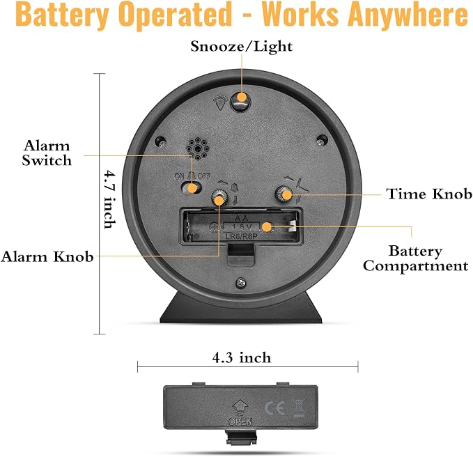 4.5 Inch Small Silent Analog Alarm Clock, Retro Battery Operated Desk Clock with Night Light Stays On 4 Seconds Vintage Metal Table Clock for Bedside, Nightstand, Bedroom, Office, Bathroom - Black