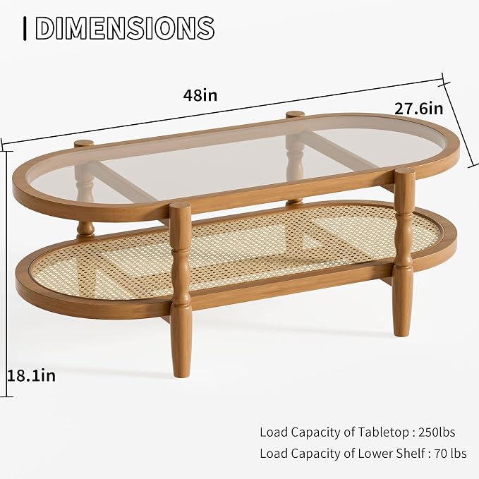 Rattan Coffee Table, Oval Cocktail Table with Glass Top and Solid Wood Frame, Boho Indoor & Outdoor Coffee Table, Brown, 48 in