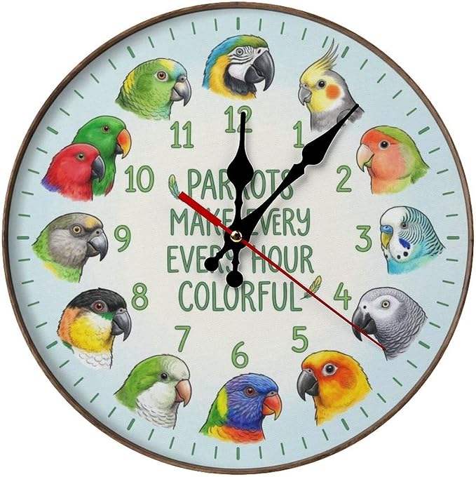 Colorful Parrot Wooden Wall Clock Silent Non Ticking for Kitchen Living Room Bedroom Office Home Decor Unique Gift Battery Operated 10/12 Inch