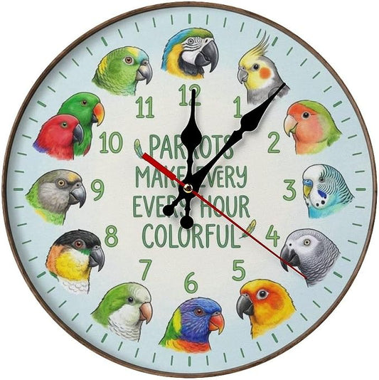 Colorful Parrot Wooden Wall Clock Silent Non Ticking for Kitchen Living Room Bedroom Office Home Decor Unique Gift Battery Operated 10/12 Inch