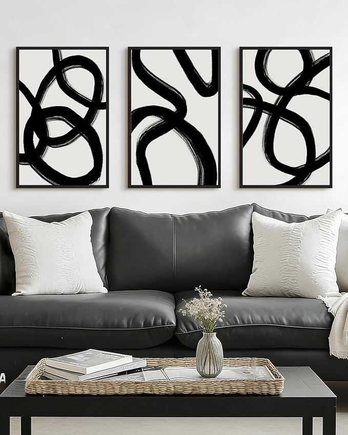 Drsoum Lager 16x24in Black and Gray Abstract Framed Wall Art Decor Duotone Minimal Dark Brush Stroke Prints Shapes Illustrations Modern Art Decorative Ready To Hang - Black Framed