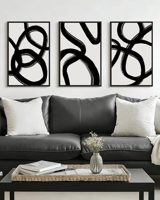 Drsoum Lager 16x24in Black and Gray Abstract Framed Wall Art Decor Duotone Minimal Dark Brush Stroke Prints Shapes Illustrations Modern Art Decorative Ready To Hang - Black Framed