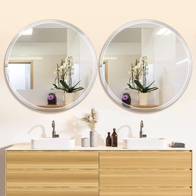 30-Inch Frameless Round Wall Mirror, Decorative Beveled Edge Bathroom Circle Mirror for Entryway, Washroom, Living Room and More