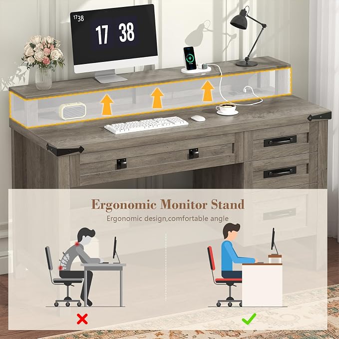 YOMILUVE Farmhouse Computer Desk with Drawers, 47" Small Computer Desk with Power Outlets, Home Office Desk with Monitor Stand & 4 Drawers, Writing Study Table, Grey