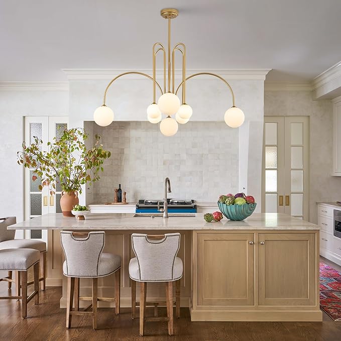 Modern Gold Sputnik Chandelier 8 Lights Large Luxury L41” Mid Century Milk Glass Globe Ceiling Pendant Light Contemporary for Foyer Staircase Living Dining Room Kitchen