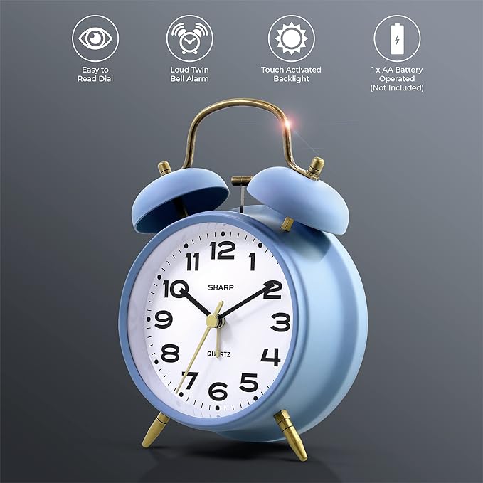 Sharp Twin Bell Alarm Clock, Loud Alarm Great for Heavy Sleepers - Stylish Matte Finish with Rustic Bronze Accents, Battery Operated (Matte Cornflower Blue)