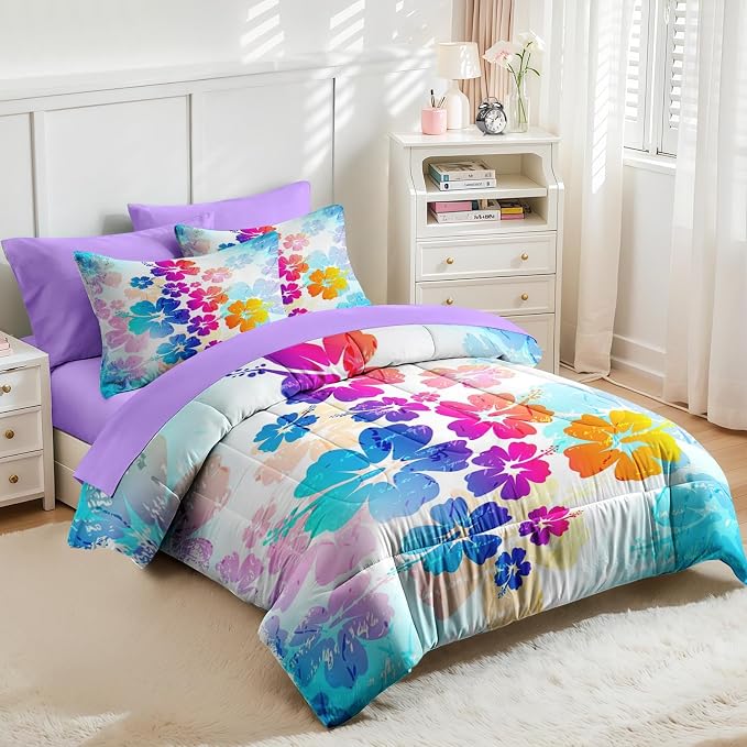 Nesker Comforter Set King Size, Hawaiian Flower Floral 7 Pcs Bedding for Kids and Adults, Hibiscus Hawaii Blue Bed Sheet Sets with Fitted Sheet 2 Pillowcases & 2 Shams