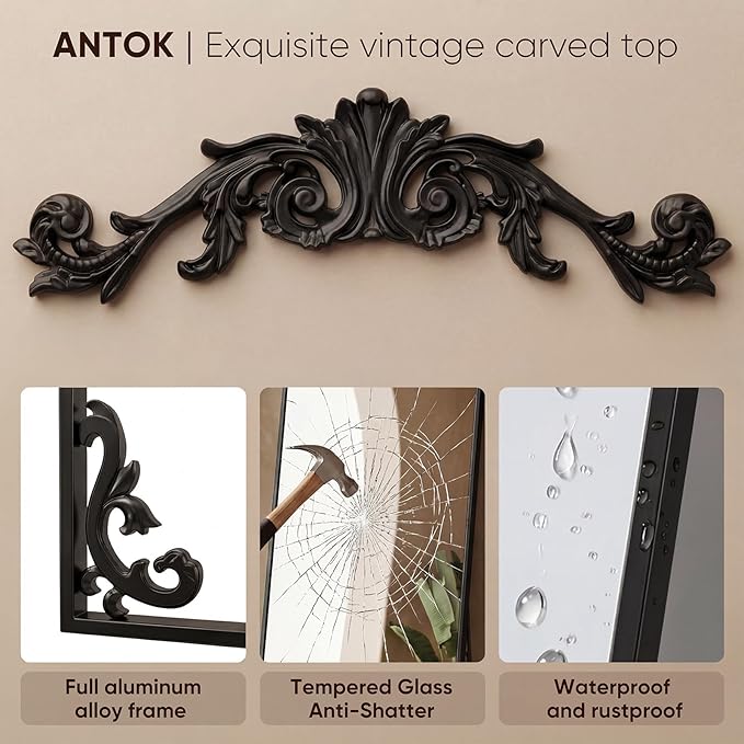 Antok Arched Full Length Mirror, 32"x71" Floor Mirror with Carved, Full Body Mirrors for HomeDecor, Standing/Halling Large Wall Mirror for Bedroom, Living Room, Cloakroom, Black, Luxury Style