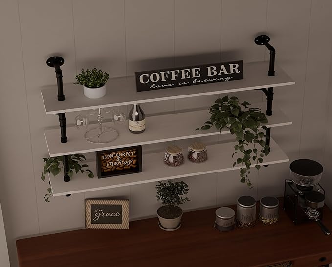 HDDFER Industrial Pipe Shelving Rustic White Pipe Wall Shelves Industrial Shelves with Wood Planks Floating Shelves 48 Inch Farmhouse Bathroom,Kitchen Shelving Wall Mounted