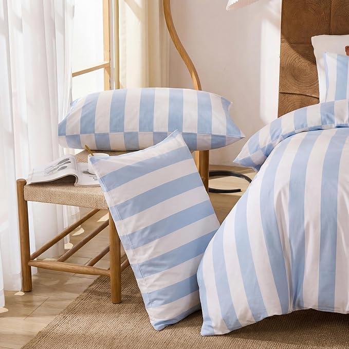 Merryword Blue and White Striped Duvet Cover Set King Size, 100% Cotton Bedding Set with Zipper Closure & 8 Corner Ties, Luxury Linen Like Bedding, Soft Breathable Comforter Cover for All Seasons