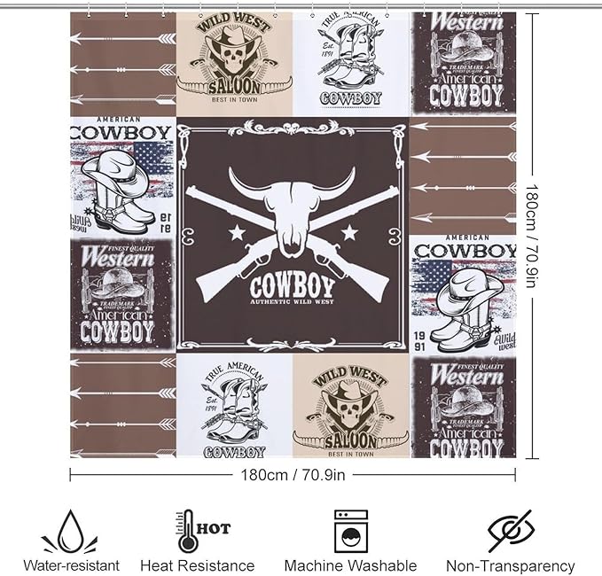 Vintage Cowboy Western Country Shower Curtain,Bull Head Boots Arrow Patchwork Design Waterproof Shower Curtains for Bathroom Decor 12 Pack Hooks 72x72in (183x183cm)