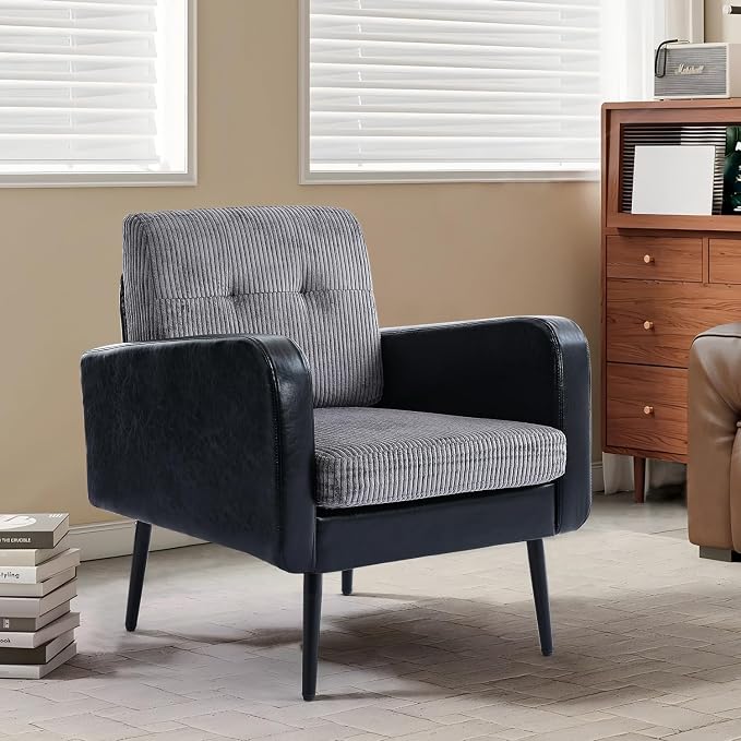 Comfy Accent Chair for Living Room Chairs Mid Century Modern Reading Chair Accent Chairs with Metal Legs,Upholstered Arm Chair for Bedroom Office Waiting Room(Black & Grey,1)