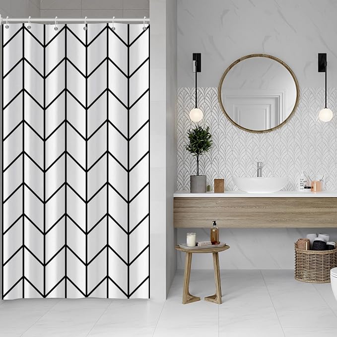 Boho Herringbone Shower Curtains Black White Zig Zag Geometric Bathroom Curtain Minimalist Abstract Polyester Shower Curtain Sets for Bathroom Extra Long 54x72 in with 10 Hooks