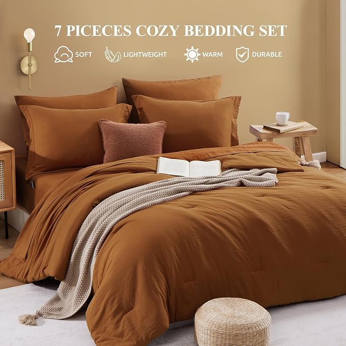 WRENSONGE Full Size Comforter Sets- 7 Pieces Soft Terracotta Bed in a Bag with Fitted Sheet, Flat Sheet, 2 Pillow Shams, 2 Pillowcases, Warm Bedding Sets for All Season