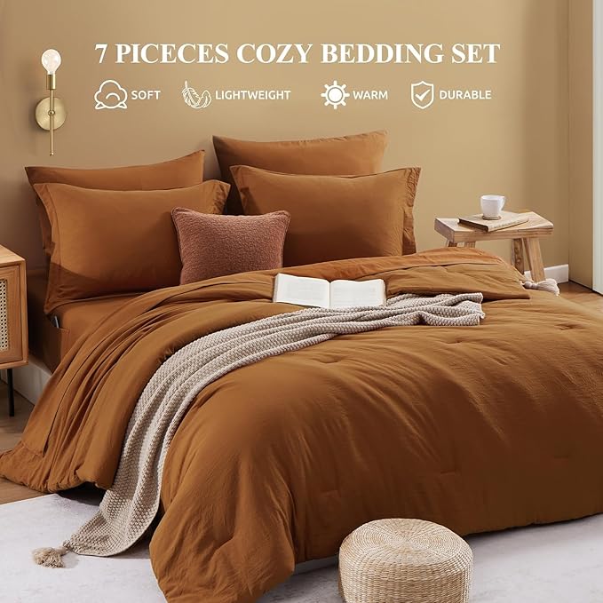 WRENSONGE Terracotta King Size Comforter Set- 7 Pieces Soft King Bed in a Bag with Fitted Sheet, Flat Sheet 2 Pillow Shams, and 2 Pillowcases- Warm King Bedding Set for All Season