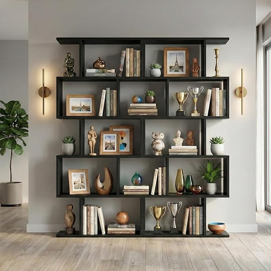 5-Tier Geometric Bookcase (Set of 2), 62.6" Tall S-Shaped Bookshelf & Room Divider, Modern Black Freestanding Display Shelving Unit for Living Room, Hallway, Home Office