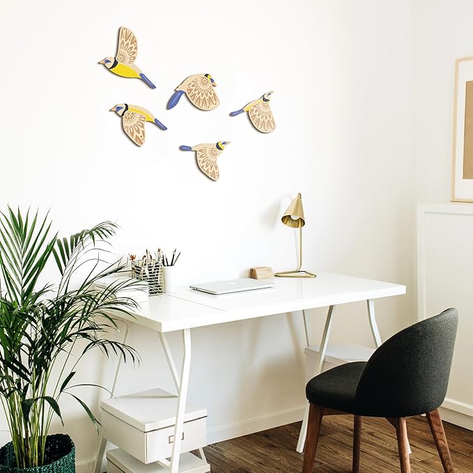 Barydat 5 Pcs Wooden Bird Wall Art Wood Flying Birds Wall Decor Rustic Folk Art Scandinavian Home Decor for Gift Living Room Bedroom Kitchen Office(Blue)