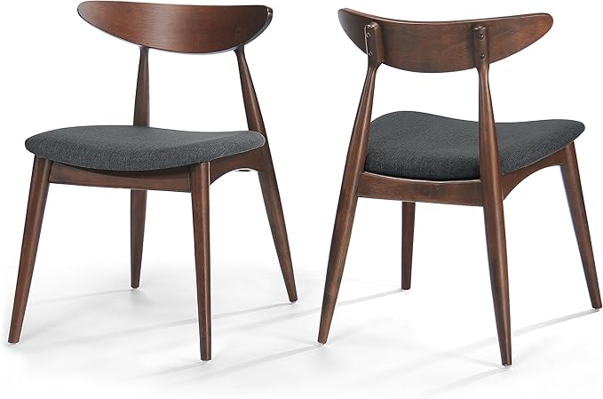 Mid-Century Modern Rectangular Dining Table with 4 Chairs, Solid Rubberwood Frame, Charcoal and Walnut Finish, Fabric Seats with Polyurethane Foam Filler, 4-Leg Base