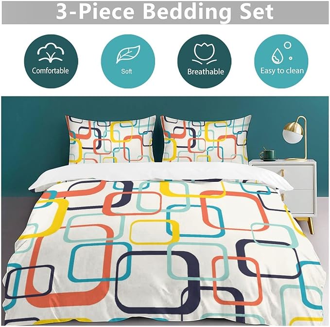 Mid Century Duvet Cover Sets Aesthetic Abstract Geometric Mid Century Retro Printed Lightweight Soft Quilt Cover Minimalist Soft Microfiber 3 Piece (1 Duvet Cover 79x90in + 2 Pillow Sham 20x30in)