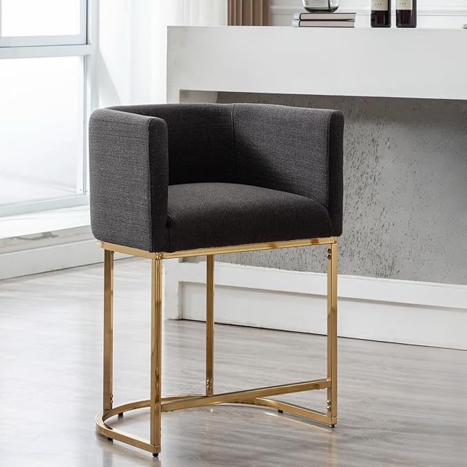 Contemporary Charcoal Linen Bar Stool, 24" Upholstered Fabric Counter Height Barstool Kitchen Counter Island Stool with Screwed Together Golden Metal Base