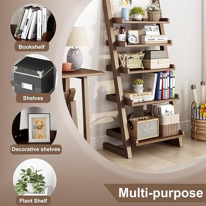 Ladder Shelf Bookcase, 5 Tier Walnut Wooden Ladder Bookshelf, Space-Saving Freestanding Storage Rack for Living Room, Home Office and Bedroom, 55.1" H