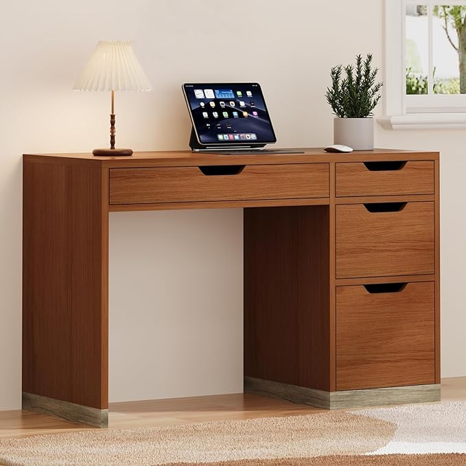 47" Computer Desk with Drawers, Small Home Office Desk with Storage, Wood Desk for Small Space, Office, Study, Brown