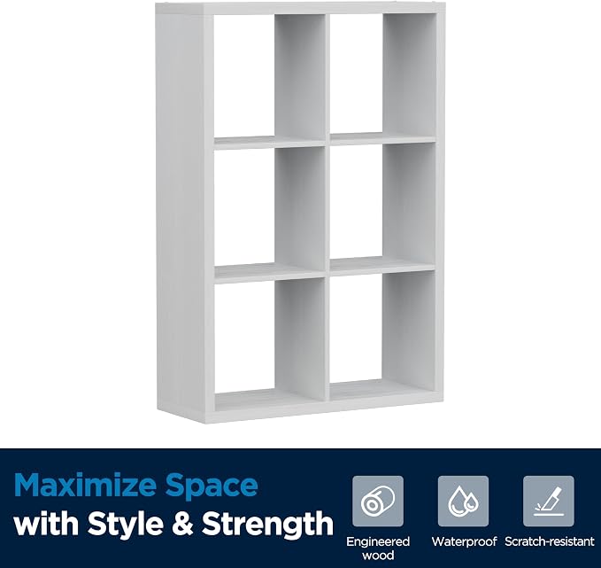 6 Cube Storage Organizer, 2x3 Cube Bookshelf, Cubby Storage Shelf, Wooden Organizer Shelf with Thickened Boards, for Closet Bedroom Home Office Living Room, 36.93" L x 9.37" W x 25.12" H, White