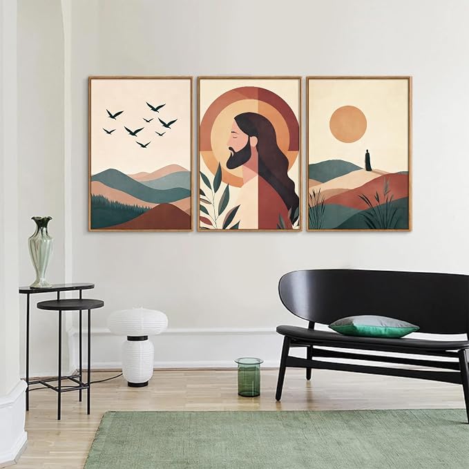 KaiWithYuan Large Jesus Portrait Framed Canvas Wall Art Set of 3, Boho Christian Bible Posters Wall Decor, Catholic Religious Calming Faith Art Paintings for Bedroom Living Room Church Office 16"x24"