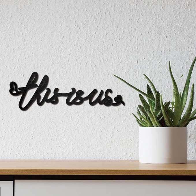 CREATCABIN This Is Us Word Sculpture Wood Sign Wooden Laser Cutout Unfinished Slices Wood Letter Wall Sign Ornaments Art for Crafts DIY Personalized Front Door Kitchen Home Wall Decor 11.8x4Inch-Black