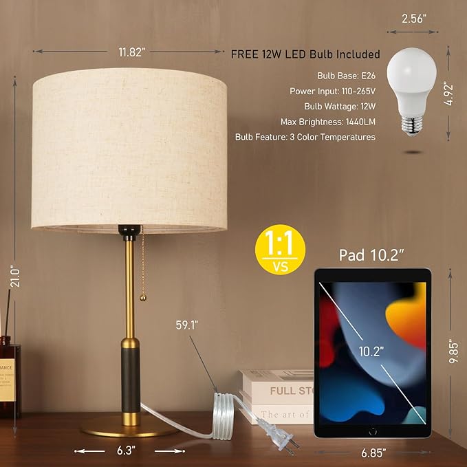21" Mid Century Modern Table Lamp with Pull Chain Switch, 3-Color Light Bedside Lamps for Bedroom Living Room, Solid Wood/Metal/Fabric Nightstand Lamp for Home Office (Light Brown+Brass)