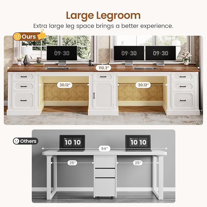 SEDETA Farmhouse 110.3" Two Person Desk with 7 Drawers, Long Computer Desk with Storage Cabinet, 2 Person Desk with Power Outlets for Home Office, White+Brown