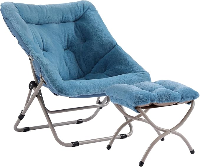 Furlide Saucer Chair With Ottoman - Oversized Folding Faux Fur, X-Large Soft Dorm, Foldable Metal Frame for Bedroom, Living Room, Study, Playroom (Blue)