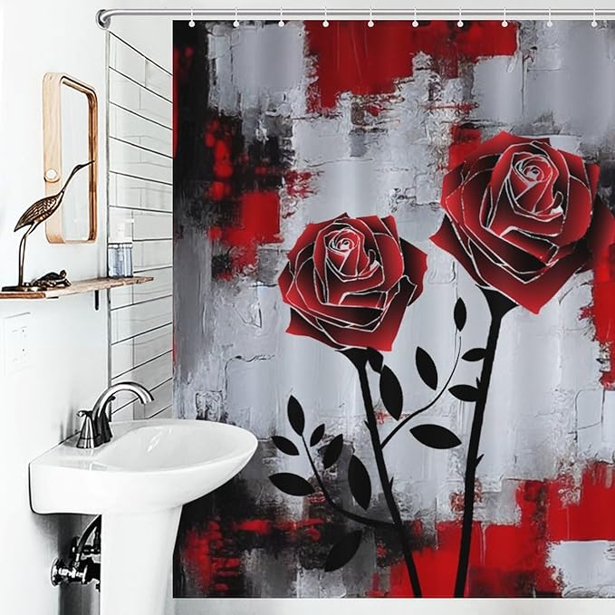 Red Rose Abstract Shower Curtain Nature Red Rose Floral Valentine's Day Artistic Waterproof Shower Curtains for Bathroom Decor 12 Pack Hooks 66x72in（168x183cm）
