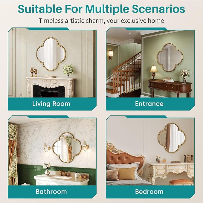 Vintage Wall Mirror Decor - 31.5" Large Antique Retro Gold Four-Leaf Clover Mirror with Rope-Like Frame, Wall Decorative Mirrors for Living Room, Bedroom, Fireplace, Bathroom