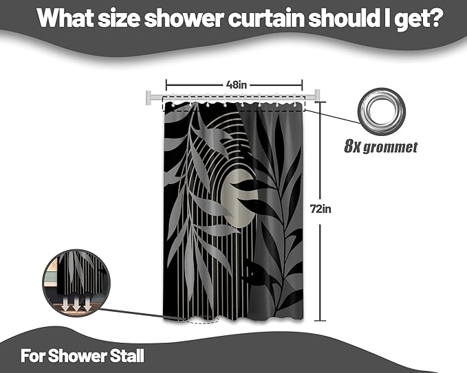 Boho Black and Grey Shower Curtain, Mid Century Modern Black and Gray Shower Curtains for Bathroom, Waterproof Fabric Set with Hooks, (48" W X 72" L)
