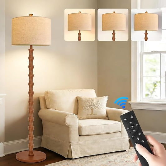 Vintage Floor Lamp for Living Room,Bedroom,Farmhouse Mid Century Standing Lamp with Remote,Dimmable Rustic Industrial Wood Tall Lamp Retro Floor Light Boho Bohemian