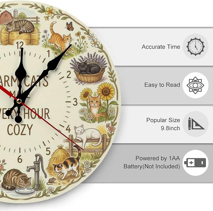 Cozy Farm Cats Wooden Wall Clock Silent Non-Ticking | Rustic Countryside Animal Home Decor for Kitchen Living Room Bedroom Office Gift