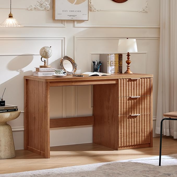 LEYAOYAO Office Desk 48" with 3 Drawers Storage File Cabinet Wood Fluted Desk for Computer Office Bedroom Home Furniture Tea Brown