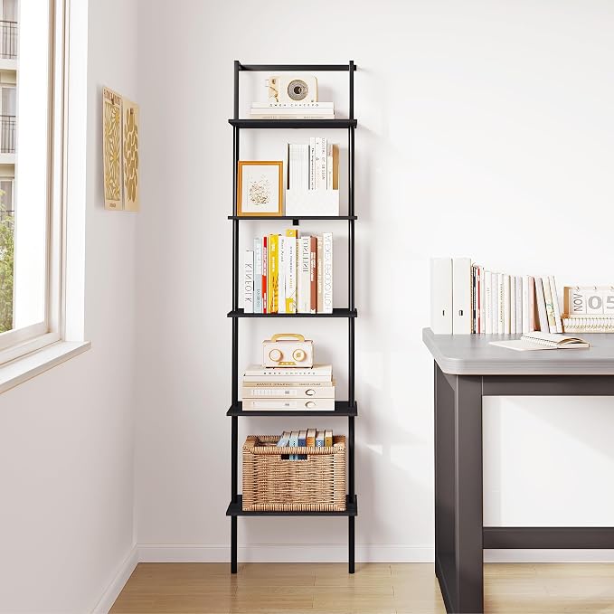 5-Tier Ladder Shelf, Wall Mounted Ladder Bookshelf with Metal Frame, Wood Tall Open Storage Rack and Display Shelves for Home Office Bedroom Living Room, Black