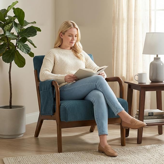 DUMOS Accent Chairs Set of 2, Mid Century Modern Accent Chair with Lumbar Pillow and Solid Wood Frame, Upholstered Armchair Reading Chair for Living Room, Bedroom, Navy Blue