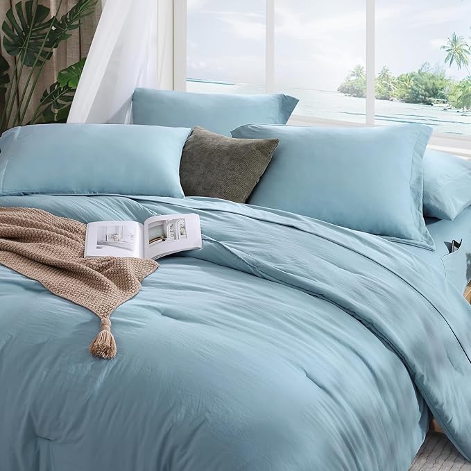 WRENSONGE Queen Comforter Set- 7 Pieces Soft Blue Bed in a Bag Queen with Fitted Sheet, Flat Sheet, 2 Pillow Shams, and 2 Pillowcases- Warm Bedding Sets for All Season